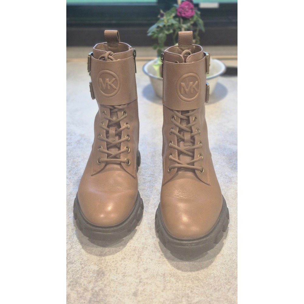 Michael Kors Brown Leather Combat Boots Lug Sole Moto Buckle Side Zip Women 7.5 - Picture 4 of 16